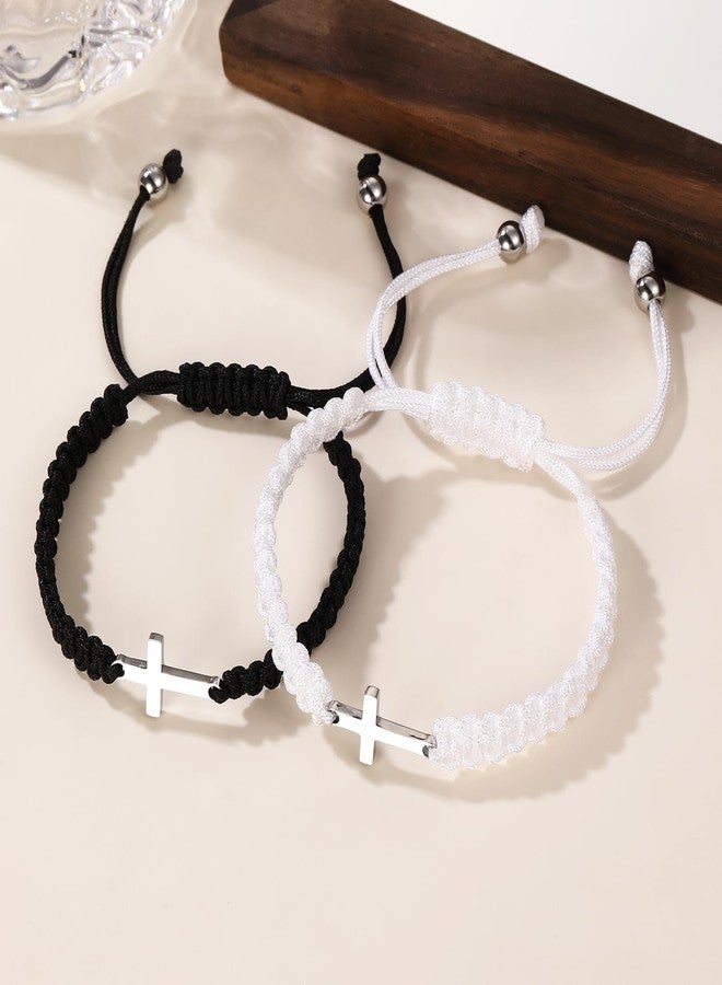 Korotho Matching Bracelets for Couples Friends, 2 Pcs Cross Bracelet for Women Men Matching Couple Jewelry for Girlfriend Boyfriend BFF Friendship Bracelets Gifts for 2 Pulseras Para Hombres (BW) - Image 3
